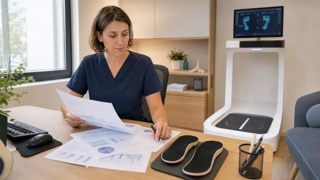 Editorial photograph of a podiatrist in a private clinic reviewing financial documents beside custom plantar orthoses and a podographic scanner, natural daylight, no visible text or logo