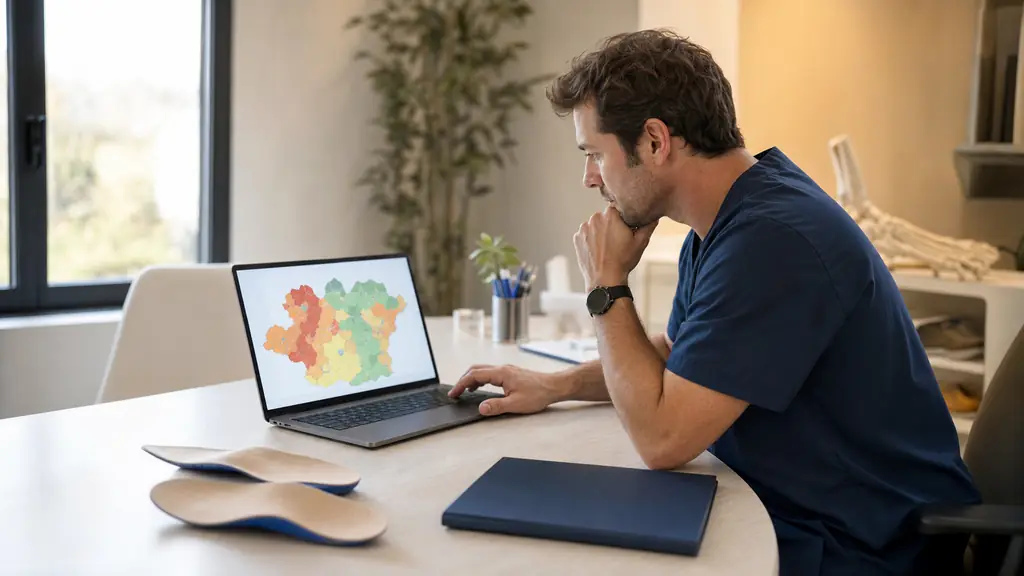 Editorial photograph of a podiatrist reviewing a color-coded rural healthcare density map on a laptop beside custom plantar orthoses and a closed collaboration folder, natural clinic light, no visible text or logo