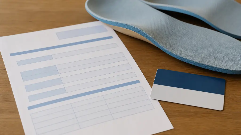 close-up editorial photo of a French health insurance reimbursement sheet next to a pair of orthopedic insoles and a MGEN membership card on a wooden desk, natural light, no text, no logo