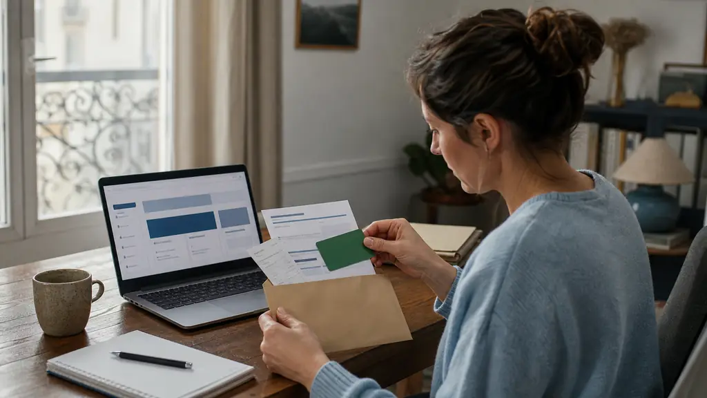 editorial photo of a person at a home desk sorting a carte Vitale, a signed paper care form, and a podiatry receipt into an envelope, with a laptop open to a health insurance account page, natural daylight, no text, no logo