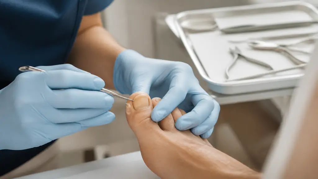 Close-up editorial photograph of a podiatrist examining a thickened toenail and a small area of hardened skin with professional instruments on a clean clinical tray, no text, no logo