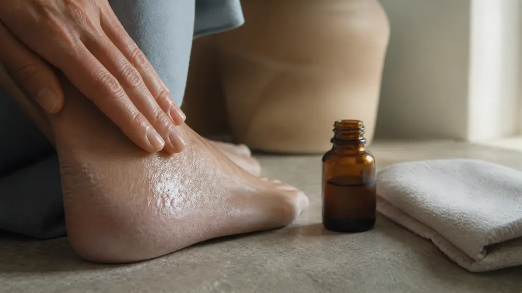 Editorial close-up of a hand massaging a few drops of plain vegetable oil into a dry heel beside an amber glass bottle and a clean cotton towel, no text, no logo
