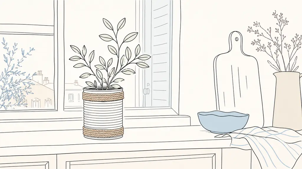 editorial photo of a small indoor plant in a neatly upcycled tin can cache-pot wrapped with natural rope, styled on a bright kitchen windowsill with soft daylight, minimalist French home decor, realistic, no text, no logo