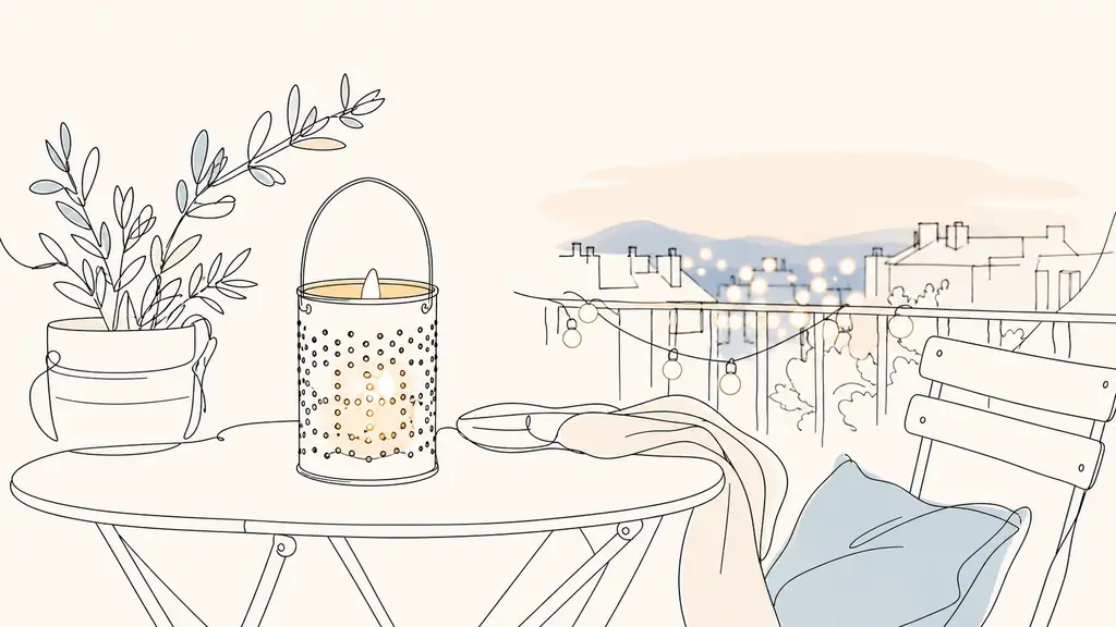 editorial photo of an upcycled perforated tin can lantern glowing with a warm LED candle on a summer balcony table at dusk, soft bokeh lights, realistic French home decor, no text, no logo