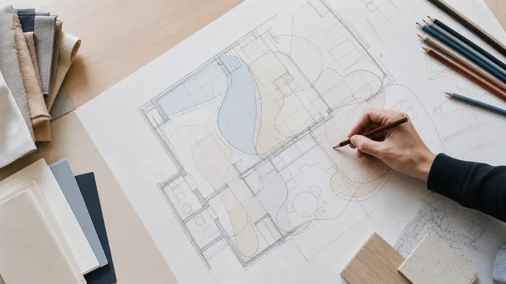 overhead editorial photograph of a hand drawing zoning bubbles on a measured floor plan, with door swing arcs, windows and plumbing lines marked in colored pencil, no text or logo