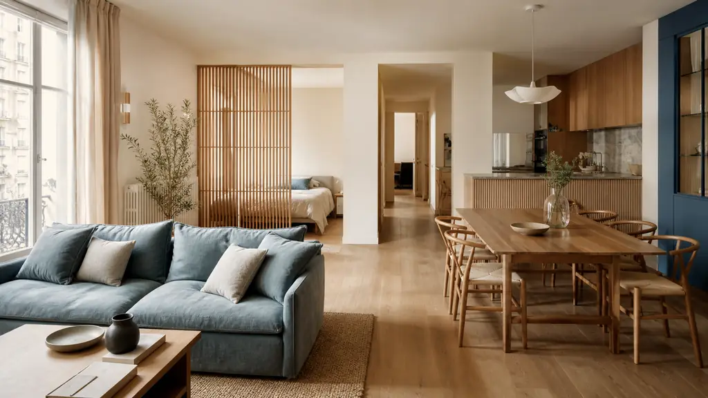 editorial photograph of a bright living and dining room with a sofa positioned away from the walkway, a dining table near the kitchen and a wooden slatted screen separating the sleeping area, no text or logo