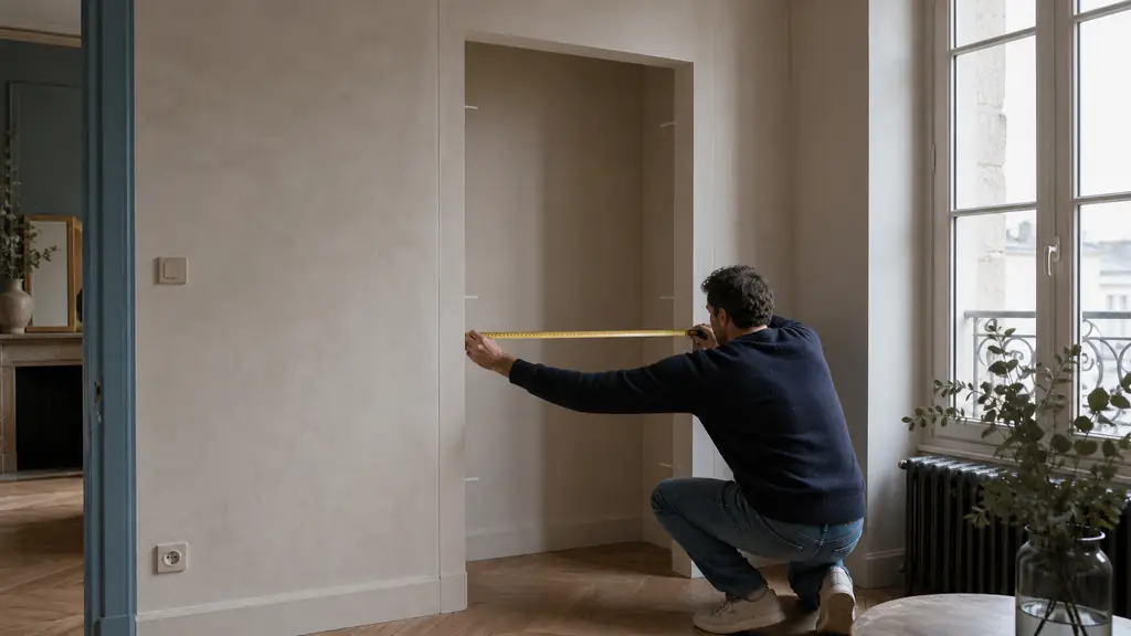 homeowner measuring the width of a closet recess at three heights with a tape measure, visible baseboard and electrical outlet, editorial interior photography, no text, no logo