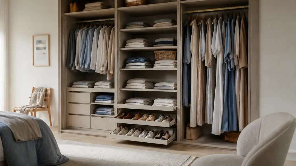 organized shared wardrobe with adjustable shelves holding folded clothes, two hanging rail heights for shirts and long dresses, and a pull-out shoe rack, editorial interior photography, no text, no logo
