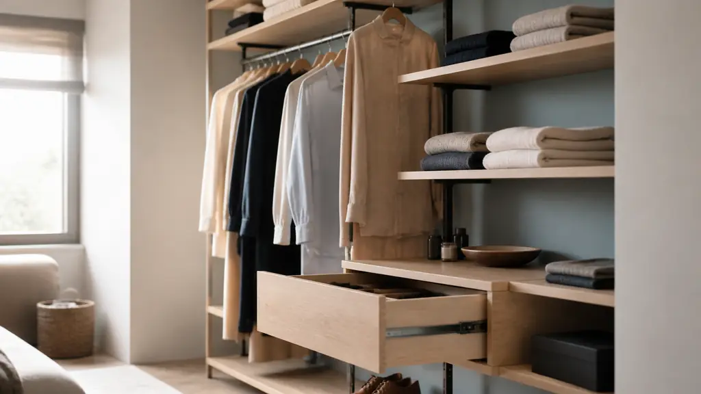 editorial photograph of adjustable wooden closet shelves mounted on metal uprights, with a full-extension drawer and a hanging rail, warm natural home interior, no text, no logo