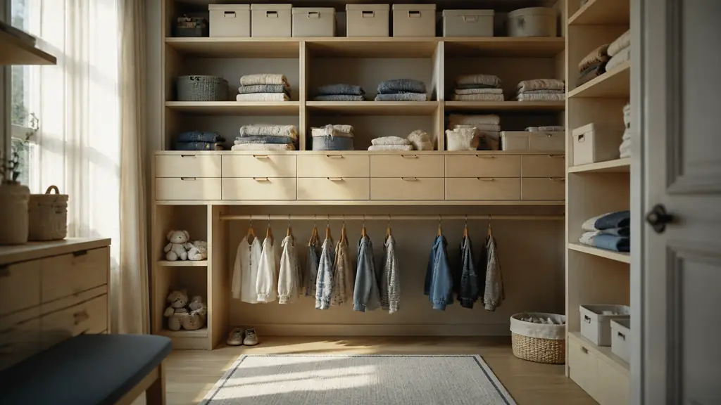 editorial photograph of a family closet with a low child-height hanging rail, everyday drawers at waist level, and labeled seasonal storage boxes on the upper shelves, warm natural interior, no text, no logo