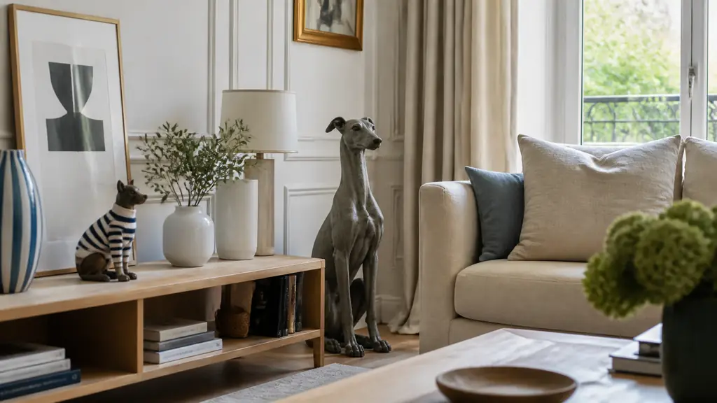 Editorial interior photograph of a bright living room, a playful animal figurine in a striped sailor shirt displayed on a low wooden console, a larger animal statue beside the sofa, soft daylight from a nearby window, no text, no logo
