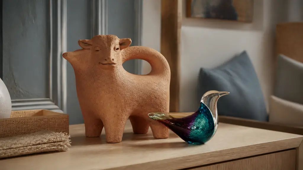 Editorial close-up photograph of a matte terracotta animal sculpture beside a small colorful glass-blown bird, styled with pale wood and natural woven fibers, soft daylight, no text, no logo