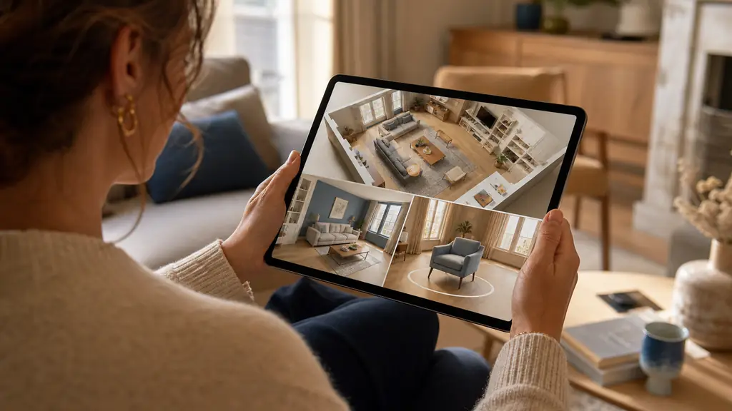 person comparing a 3D living room floor plan, a paint color simulation and an augmented reality armchair preview on a tablet at home, warm editorial photography, no text, no logo