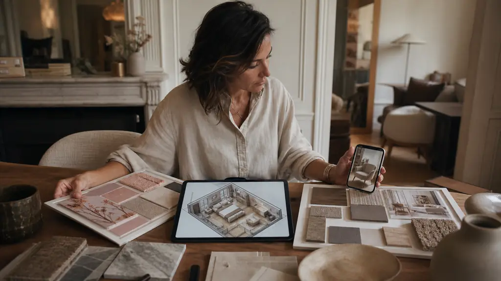 woman at a dining table comparing a rose powder and taupe moodboard, a 3D bedroom floor plan on a tablet and an augmented reality armchair preview on a smartphone, warm editorial interior photography, no text, no logo