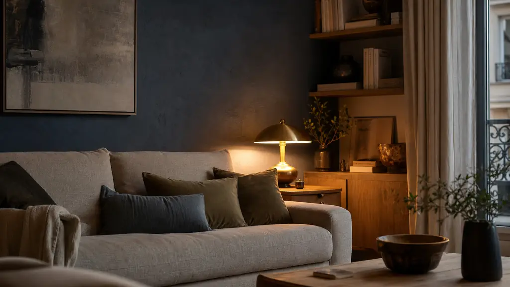 editorial photograph of a cozy living room corner with a dark duck blue accent wall, a beige sofa, warm brass table lamp glowing at dusk, and light oak wood furniture, no text, no logo