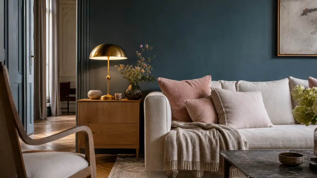 editorial photograph of a living room styling scene with a dark duck blue wall, an ecru sofa layered with blush pink cushions and a beige throw, a light honey oak side table, and a brass lamp switched on, no text, no logo