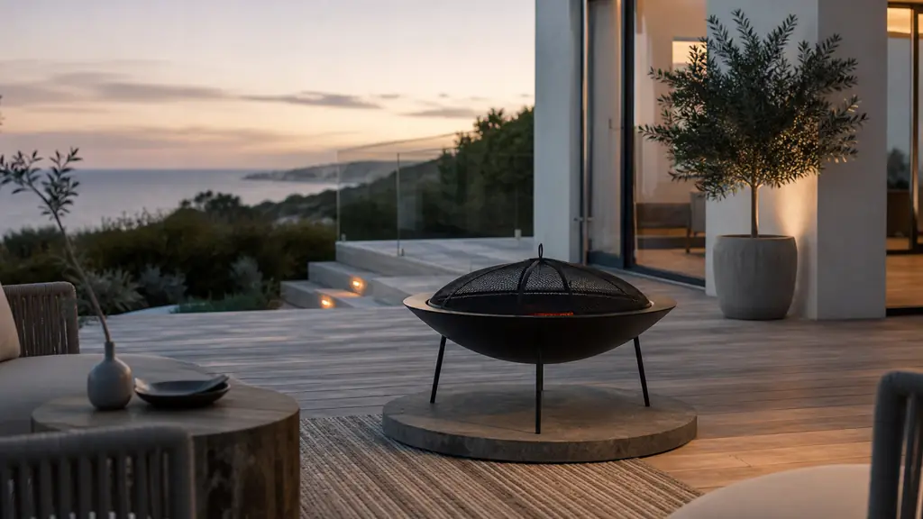 Editorial outdoor terrace scene with a black fire bowl raised on tall legs above a wide stone heat shield on wooden decking, a few tiny embers visible inside a mesh spark screen, evening light, realistic home setting, no text, no logo
