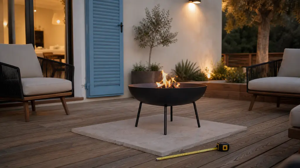 editorial photo of a wooden terrace prepared for a fire bowl, a black brazier on tall legs centered over a wide square stone slab, measuring tape visible near the edge showing extra clearance, nearby chairs pushed back and no rugs or cushions close, realistic evening home setting, no text, no logo