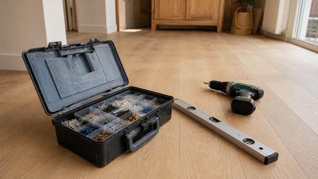 Editorial photograph of an open home toolbox beside a spirit level and cordless drill, with sorted screws and wall plugs in small compartments, no text, no logo