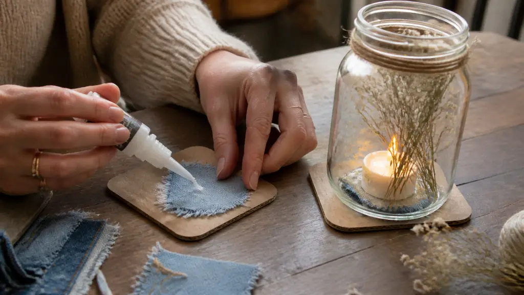 Close-up editorial photograph of hands gluing a denim scrap onto a square cardboard coaster, with a decorated Mason jar photophore containing an LED candle and dried flowers on a wooden table, natural warm light, no text, no logo