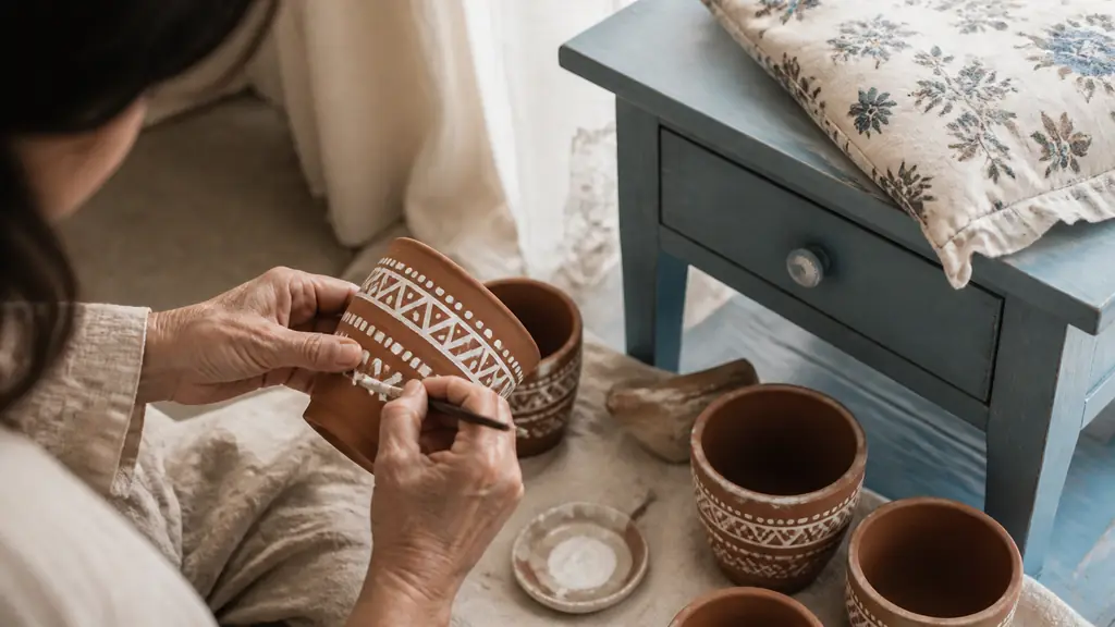 Editorial photograph of hands painting geometric patterns on terracotta flower pots beside a freshly painted wooden bedside table and a floral fabric cushion cover, warm natural interior light, no text, no logo