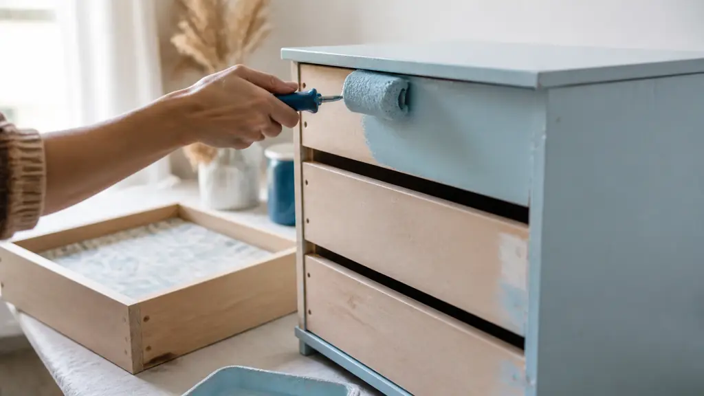Close-up editorial photograph of a person repainting a small wooden cabinet with a roller, beside a sanded drawer and a wallpaper-lined panel, soft natural daylight, no text, no logo