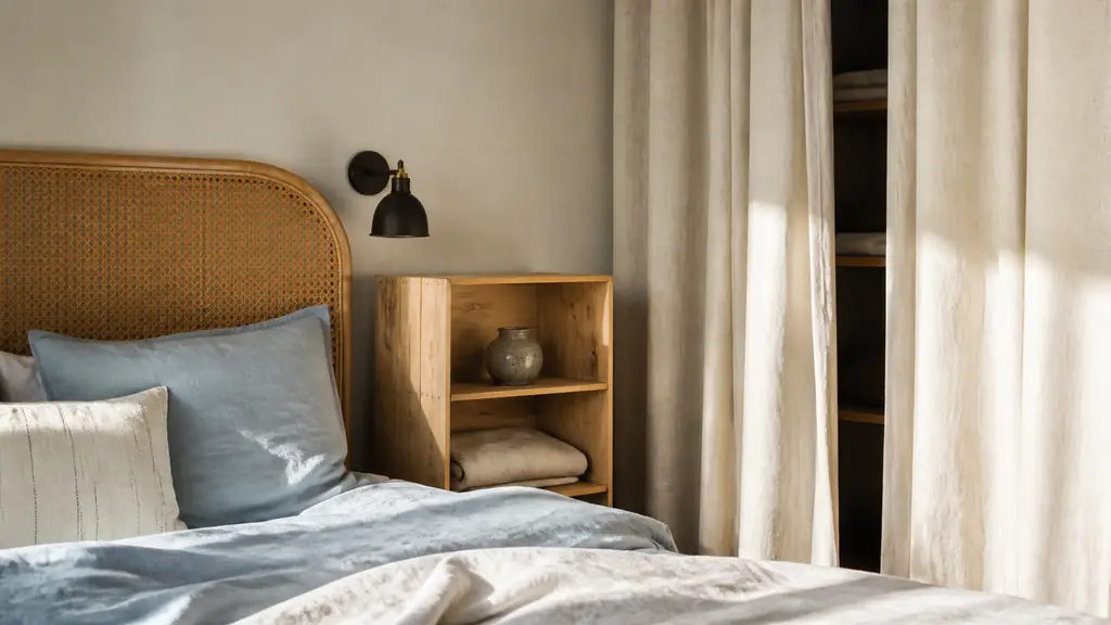 Editorial photograph of a bedroom corner with a handmade cane headboard, a curtain-front wardrobe and a light wooden crate shelf, soft natural daylight, no text, no logo