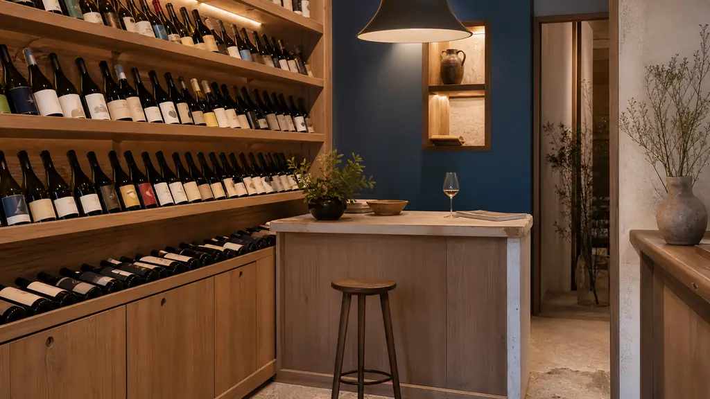 Editorial photograph of a compact wine shop corner with solid wood wall modules, inclined bottle displays showing labels, and a small tasting counter under warm lighting, no text, no logo