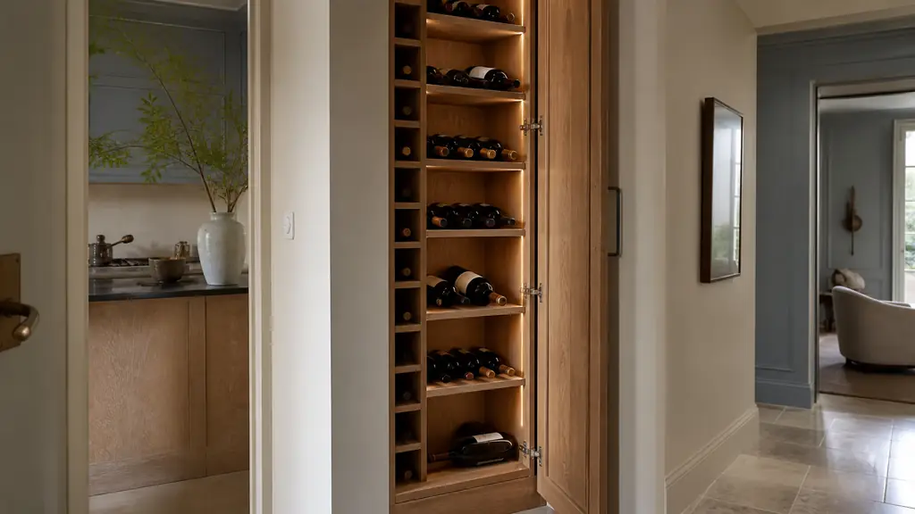 Editorial photograph of a narrow alcove fitted with a vertical solid wood wine rack, adjustable half-shelves holding different bottle formats, and clear walking space beside the open cabinet, no text, no logo