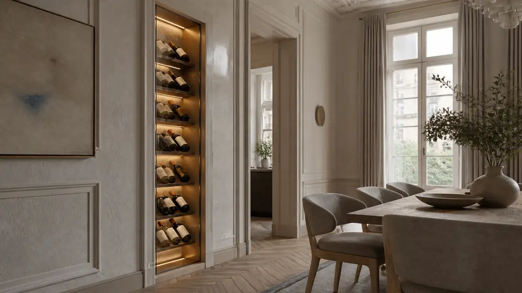 Editorial interior photograph of a shallow wall-integrated glass wine display in a dining room, with amber LED lighting, inclined bottle supports showing the labels, and a compact installation fitted into a wall recess, no text, no logo