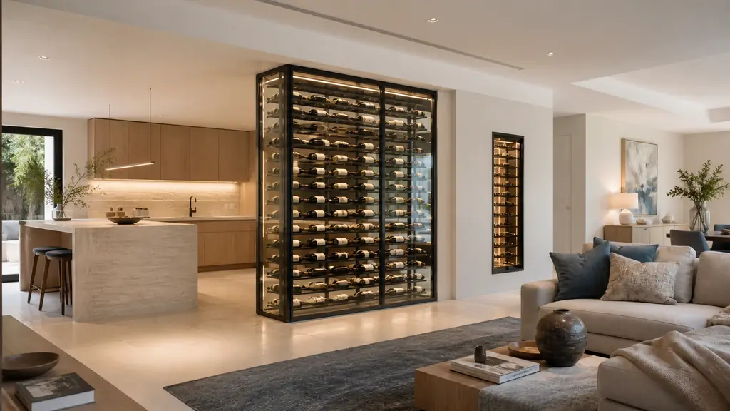 Editorial interior photograph of a two-sided glass wine display separating an open kitchen and living room, with a shallow wall-integrated wine cabinet visible nearby and clear walking space around both installations, no text, no logo