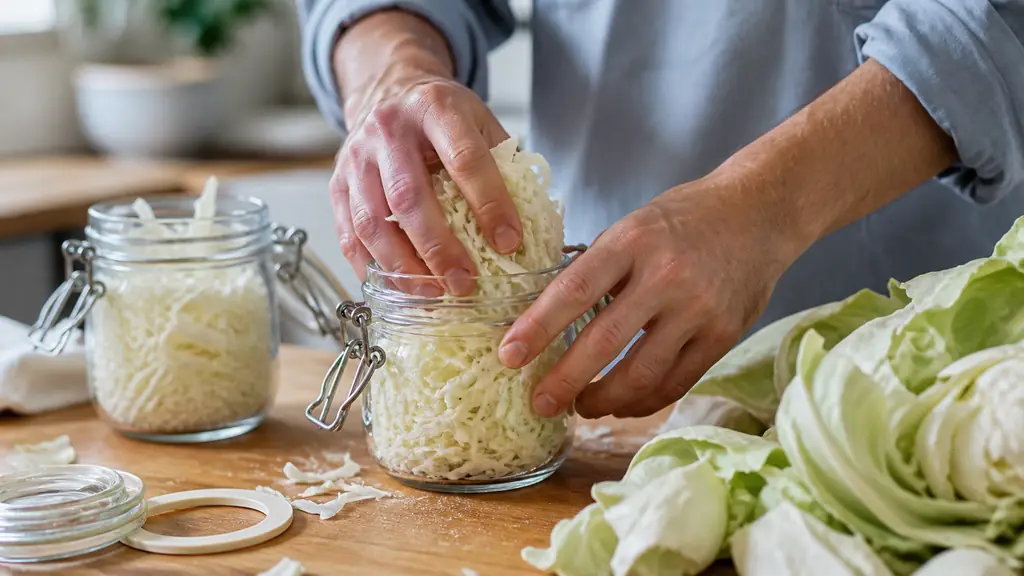 Close-up editorial kitchen photograph of hands packing thin white cabbage strips into clean glass preserving jars, fresh cabbage leaves and new rubber seals arranged on a wooden worktop, natural daylight, no text, no logo