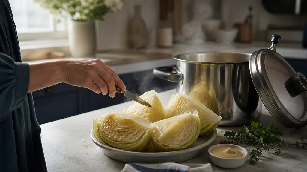 Editorial kitchen photograph of equal white cabbage quarters beside an open pressure cooker, a hand testing one tender leaf with the tip of a small knife, mustard and fresh herbs nearby, natural daylight, no text, no logo