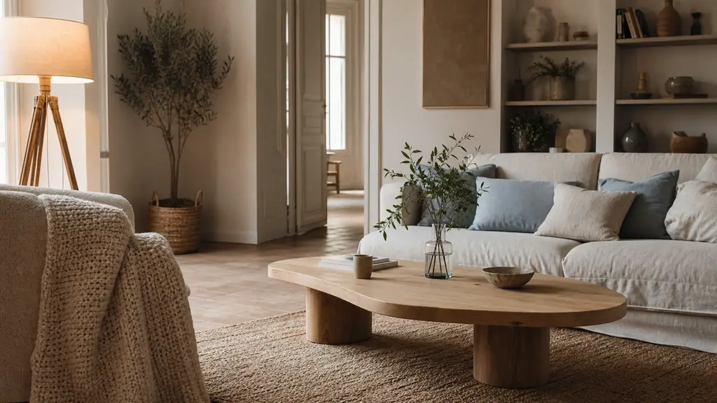 Editorial photograph of a bright bohemian Scandinavian living room with a light wood coffee table, a textured jute rug, and a knitted throw beside a warm floor lamp, no text, no logo