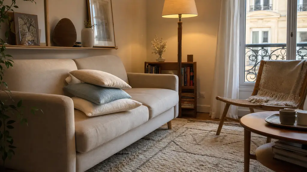 Editorial photograph of a compact rented living room featuring a large Berber rug tucked beneath the front legs of a light sofa, three layered linen cushions, and a warm floor lamp beside the reading corner, no text, no logo