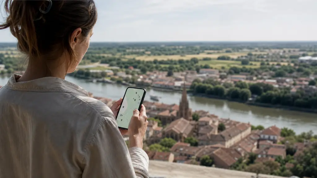editorial photograph of a person viewing a pin-based interactive map on a smartphone from a viewpoint overlooking Grenade and the Haute-Garonne countryside, no visible text or logos