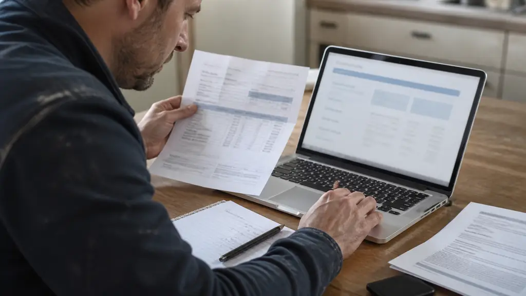 close-up editorial photograph of a construction worker comparing a payslip with a salary calculator on a laptop, handwritten overtime notes and an employment contract on a wooden table, no text or logo
