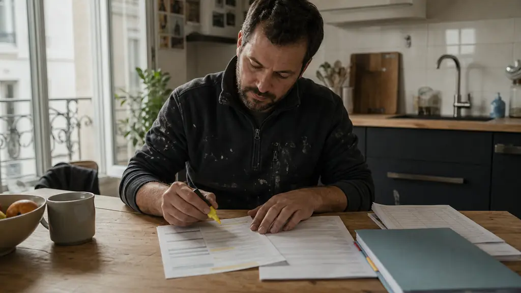 editorial photograph of a construction worker highlighting one line on a payslip beside an employment contract, organized timesheets and a labeled document folder on a kitchen table, no text or logo