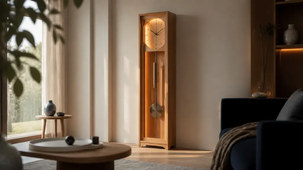 editorial interior photograph of a large contemporary Comtoise clock with a local wood casing, visible pendulum and subtle integrated LED glow, no text, no logo