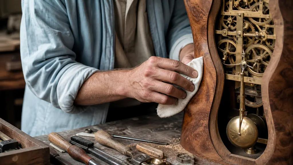 editorial close-up photograph of an artisan polishing a sculpted local wood clock casing beside exposed brass gears and a pendulum mechanism, no text, no logo