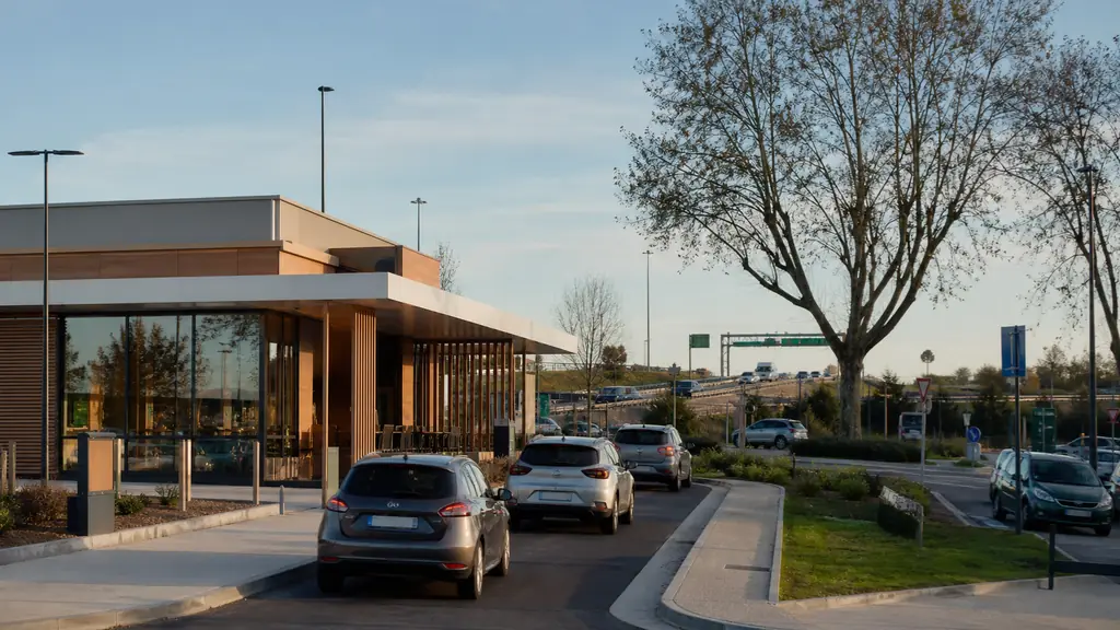 McDonald's-style roadside restaurant without logos on the outskirts of Toulouse, cars entering a drive-through lane, commercial district and motorway access visible, editorial photography, no text, no logo