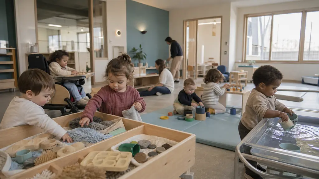 editorial photograph of a bright nursery activity room with four small play areas, toddlers doing sensory activities, and an inclusive play corner for a child with mobility needs, no text, no logo