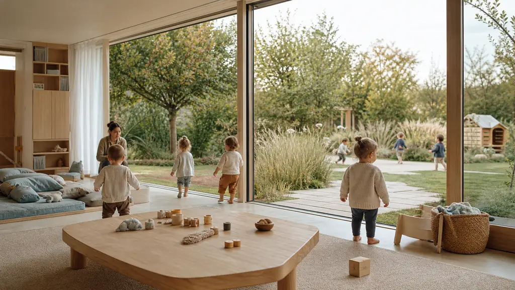 editorial photograph of a nursery living unit opening directly onto an landscaped garden, with a low activity table, a quiet sleep area, and toddlers moving between indoors and outdoors, no text, no logo