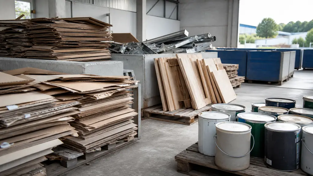 Editorial photograph at a recycling facility showing flattened cardboard, separated wood and metal, and tightly closed paint cans arranged for sorting, no visible text or logo