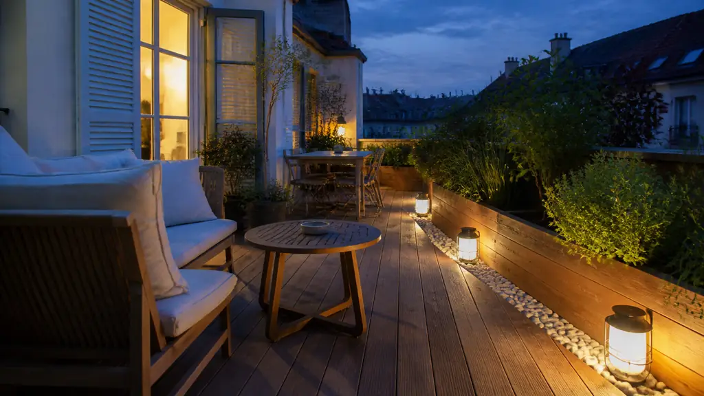 Editorial photograph of a cozy terrace at twilight with raised wooden planters, a border of smooth rolled pebbles, and glowing solar lanterns, no text, no logo