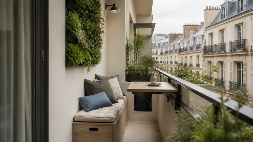 Editorial photograph of a narrow urban balcony with a wall-mounted vertical garden, a compact storage bench, and a fold-down table, no text, no logo