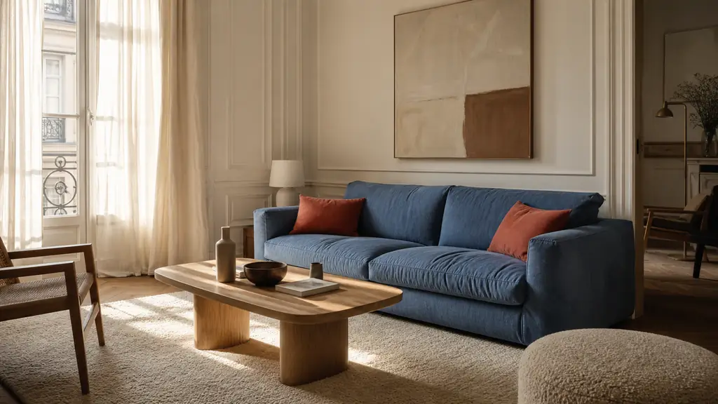 Editorial living room photo with a blue sofa, off-white linen curtains, an oak coffee table, two soft terracotta cushions, a cream textured rug, warm natural daylight, no text, no logo