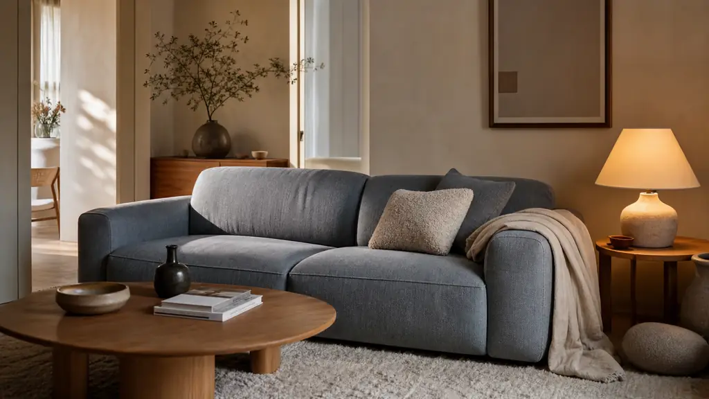 Editorial living room with a blue-gray sofa, cream textured rug, rounded oak coffee table, boucle cushion and warm table lamp switched on beside the sofa, soft japandi styling, no text, no logo