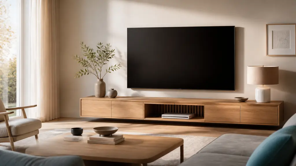 Editorial living room photograph featuring a low oak TV cabinet wider than the flat screen, an open ventilated niche with a game console, and neatly concealed cables