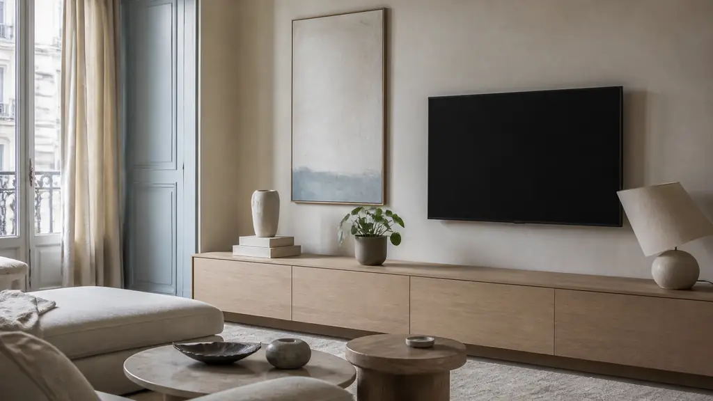 Editorial living room photograph showing a TV cabinet styled with stacked art books supporting a ceramic vase, a small Pilea, and an asymmetrical table lamp arrangement, no text or logo